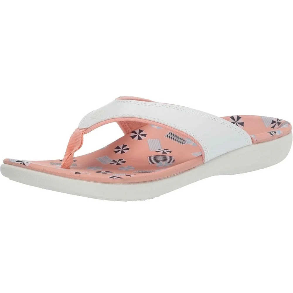 Spenco Yumi Womens White Peach Beach Print Orthotic Thong Flip Flop Sandals